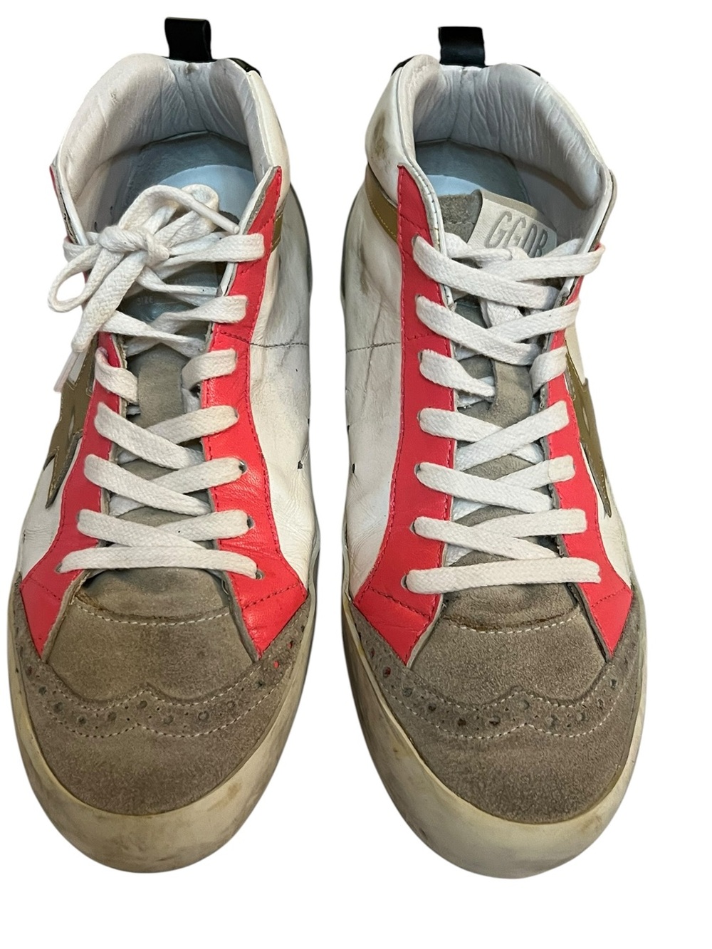 Golden Goose Mid Star High-Top Sneakers in White, Pink & Black Size Us 8